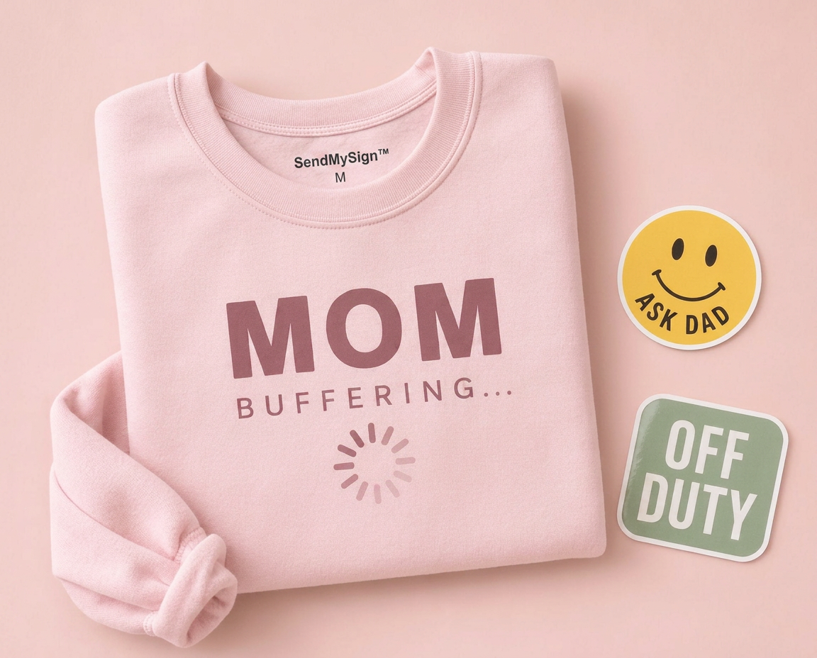 Pink MOM BUFFERING sweatshirt with ASK DAD and OFF DUTY stickers