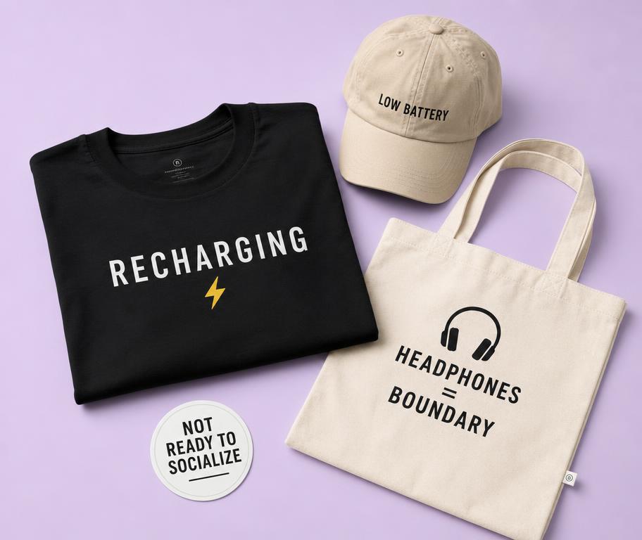 Black RECHARGING tee with LOW BATTERY cap and HEADPHONES = BOUNDARY tote