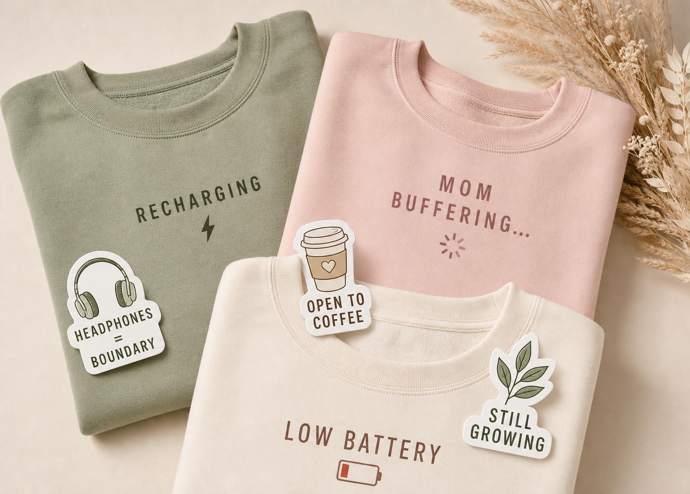 Sage RECHARGING, blush MOM BUFFERING, and cream LOW BATTERY sweatshirts with signal stickers